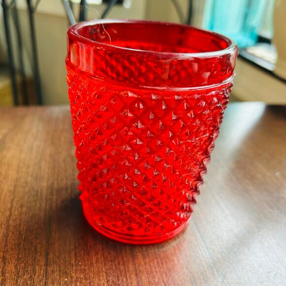 Vintage red hobnail cut glass red tumbler candle holder 4.5” - Picture 4 of 8